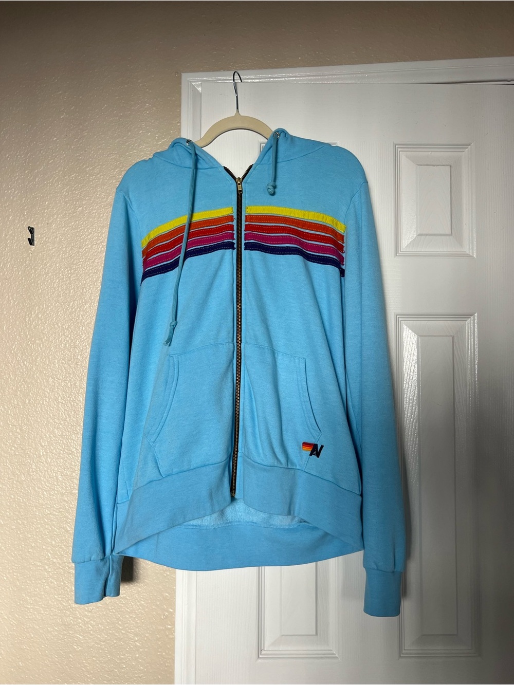 Aviator Nation Stripe Rare Light Blue Zip-Up Hoodie Sweater with Rainbow